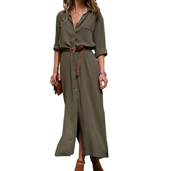 C.C. Boutique Dresses & Skirts - NWT Button Down Collared Olive Maxi Shirt Dress